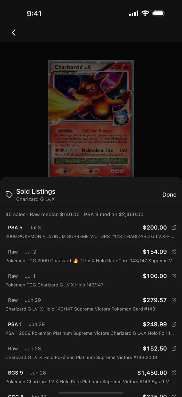 BinderDex sold listings sheet showing recent completed eBay sales with dates, grades, and prices.