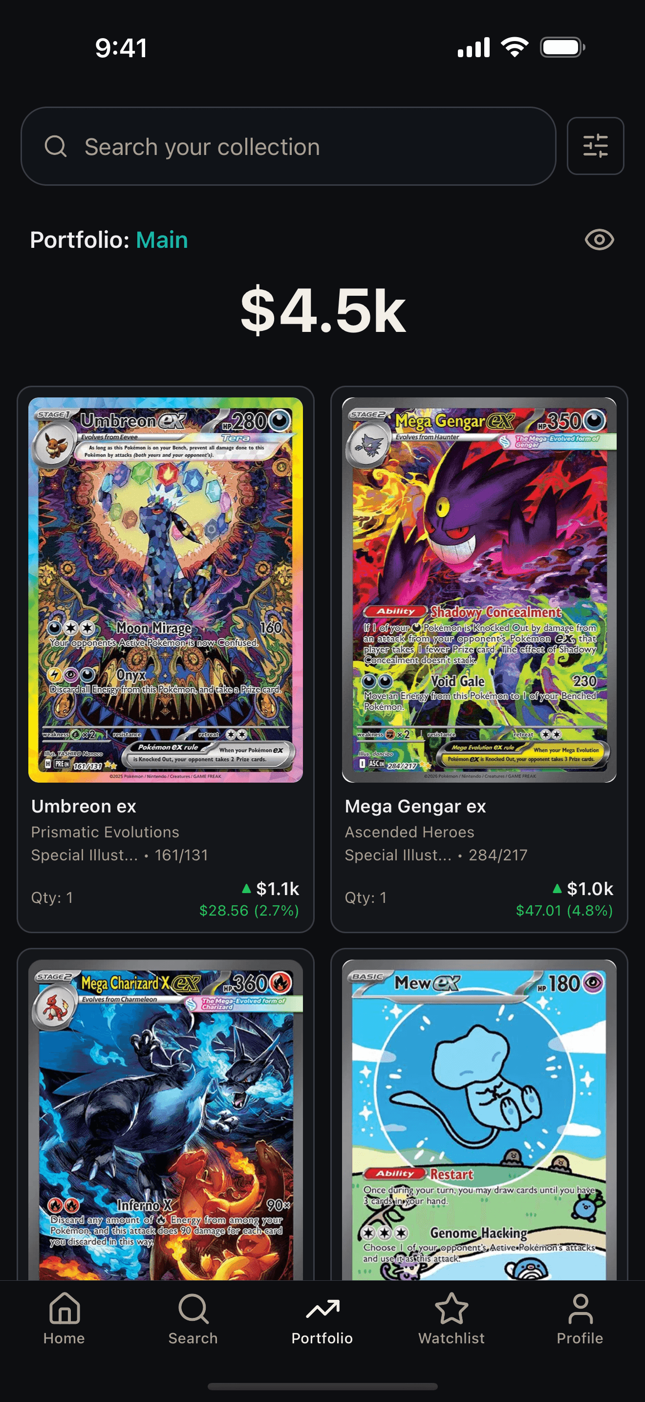 BinderDex portfolio showing collection value and per-card gains
