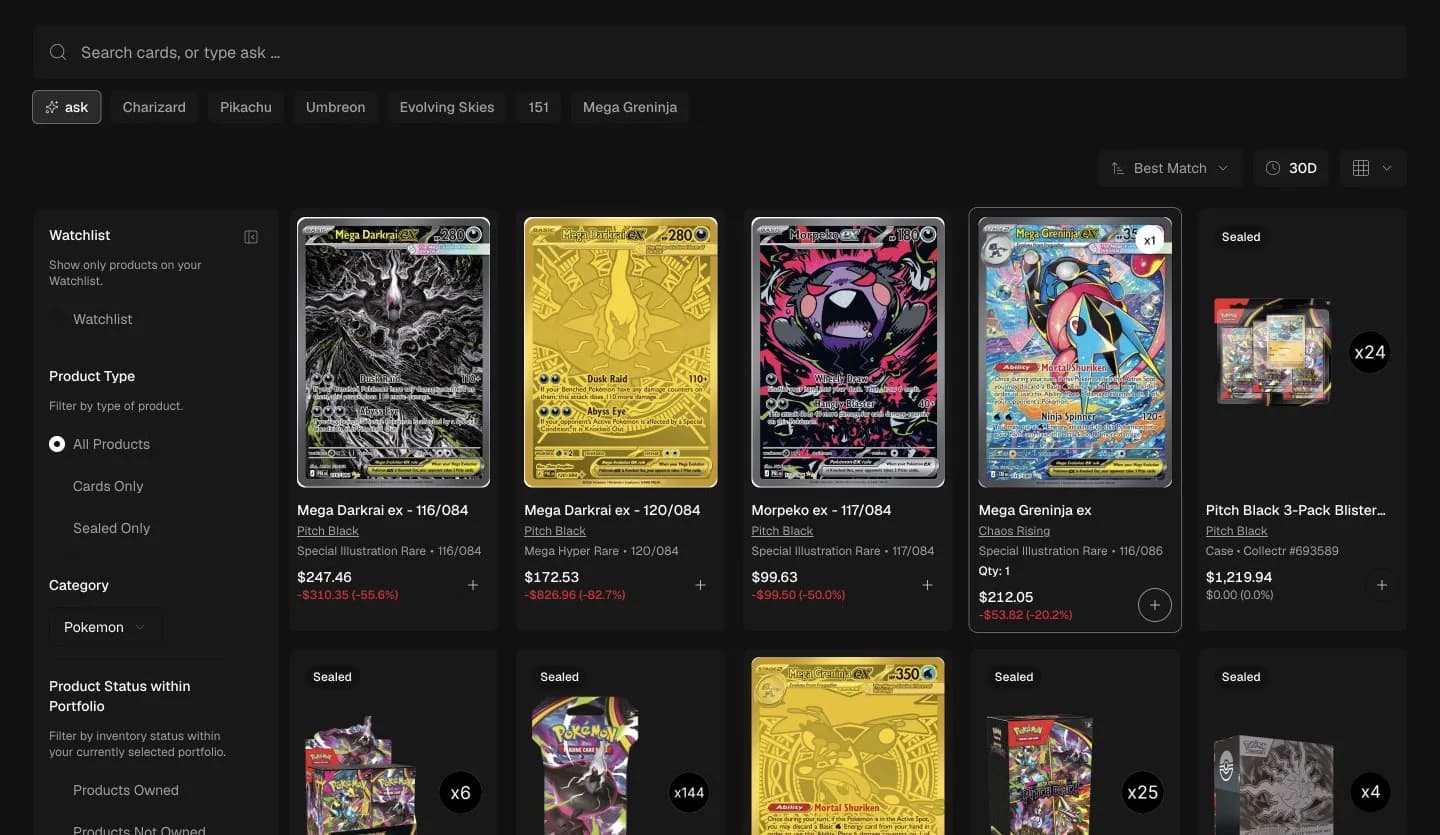 BinderDex Explore on the web showing search, collection filters, live prices, and quick-add controls.