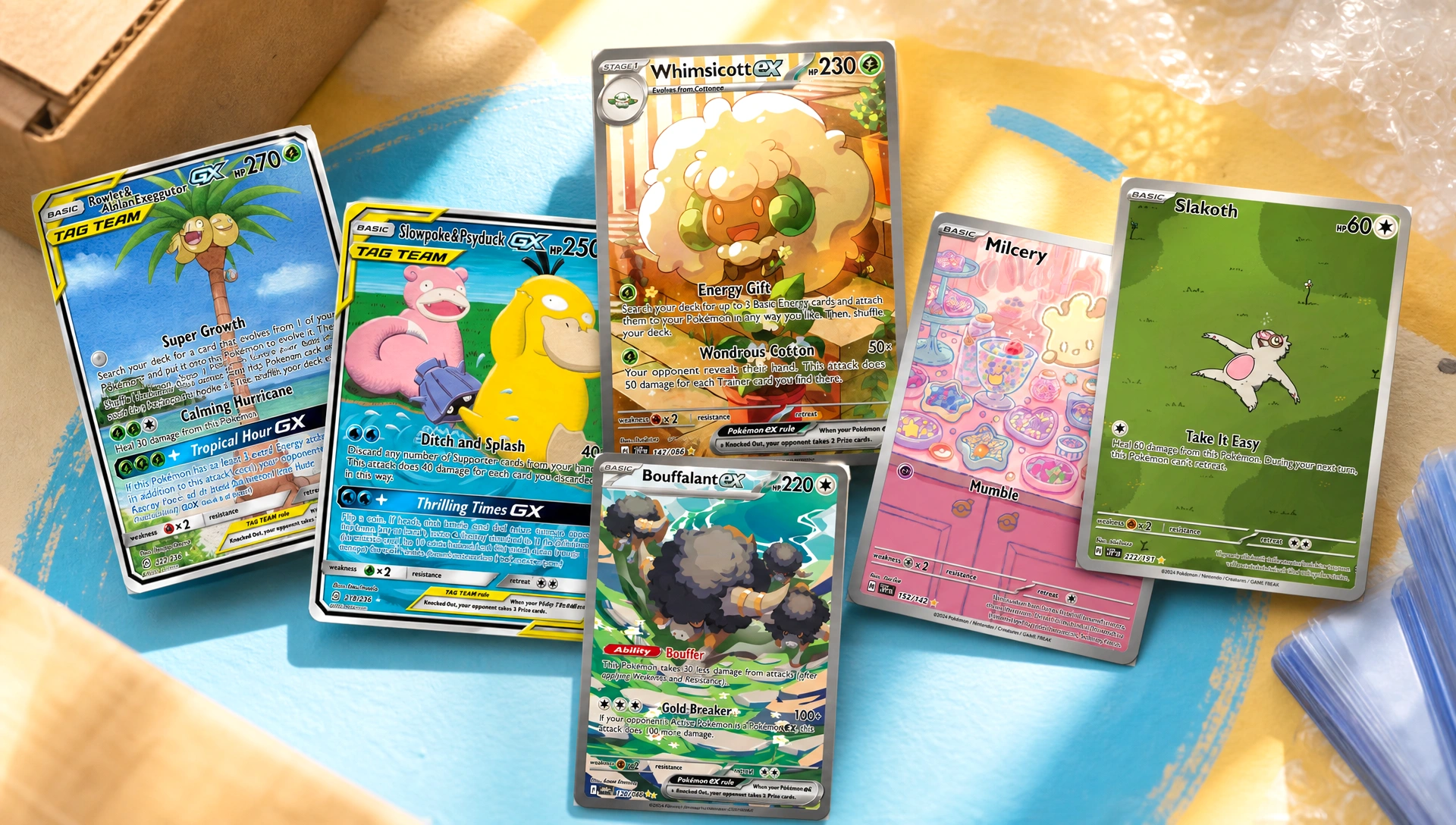 Pokemon card shipping scene with BinderDex card collage